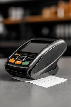 Credit card reader on a simple countertop printing a receipt. Cashless payment terminal for purchases and services