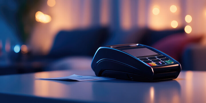 Credit card reader on a simple countertop printing a receipt. Cashless payment terminal for purchases and services