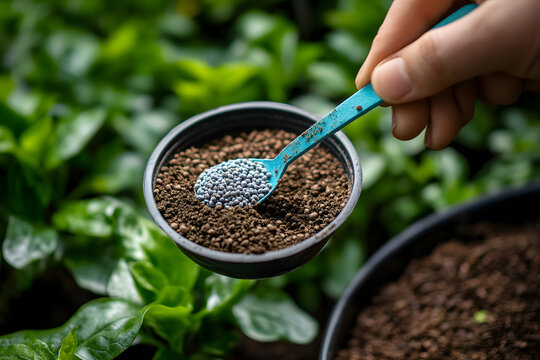 Cropped shot view of gardener holding a tablespoon of organic fertilizer in hand before applying to plants.