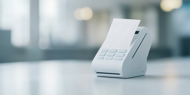 Credit card reader on a simple countertop printing a receipt. Cashless payment terminal for purchases and services