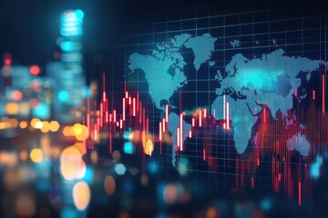Forex exchange and global market concept with a perspective view on a digital screen showing financial chart graphs, candlestick patterns, and indicators against a blurred world map background