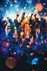 Group of diverse individuals dancing in the dark with lights and confetti