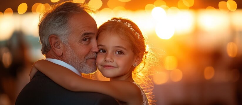 A happy little girl hugs her grandfather, enjoying a special moment together at an outdoor event.