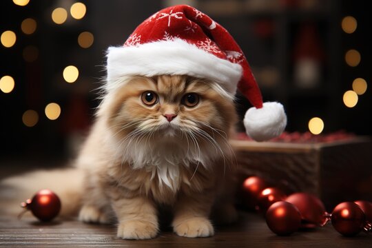 christmas image of closeup cute fluffy ginger kitten in red santa claus hat on blurred bokeh background