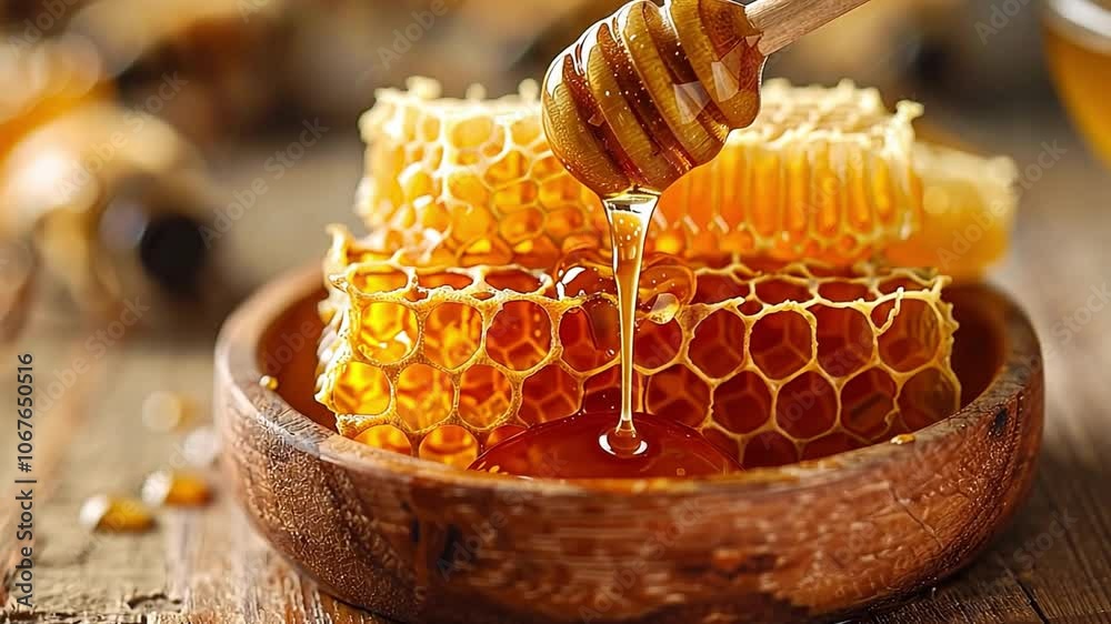 Poster this honey flows from a wooden dipper into a bowl of honeycomb on a wooden surface.