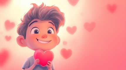 Happy, freckled child smiles while holding a big red heart, surrounded by floating hearts on a warm pink background, expressing love, affection, and happiness