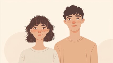 Obraz premium Capturing a young couple beaming with joy, symbolizing love and connection in a trendy, minimal style, radiating happiness and togetherness