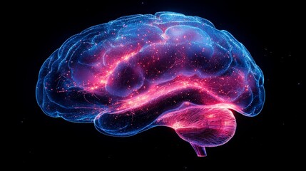 A cyberpunk-inspired silhouette of a human brain glowing in vibrant digital colors