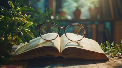 Open book with reading glasses and plants in warm light