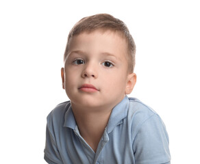 Portrait of cute little boy on white background