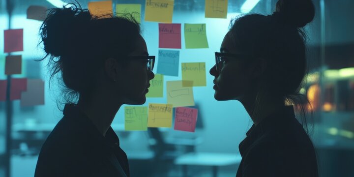 Two women in an office setting, one wearing glasses, engaged in a conversation with a sense of professionalism and confidence.
