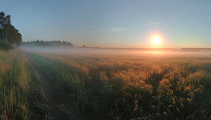 Fototapeta premium Sunrise in an agricultural field with fog, path and golden rye covered with dew on an early summer morning