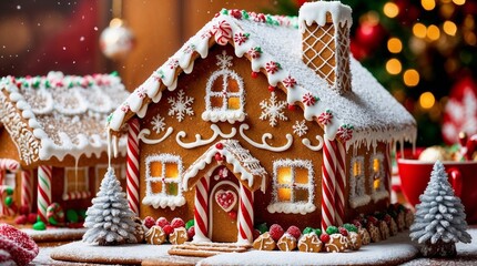 A joyously adorned gingerbread house gleaming with sugary icing and delicate snowflake decorations.