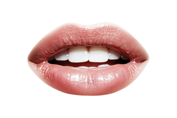 Red glossy lips isolated on transparent background. Glamour makeup concept. Beauty close-up for cosmetic advertising. 