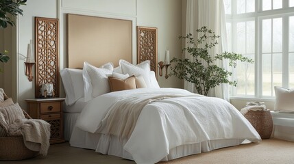Fototapeta premium White Bed with Beige Throw Blanket in a Bedroom with a Bay Window and Wall Decor