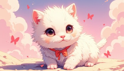 Fototapeta premium Adorable kitten with bowtie surrounded by butterflies in a dreamy sunset sky