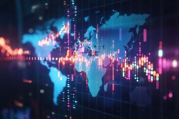Forex exchange and global market concept with a perspective view on a digital screen showing financial chart graphs, candlestick patterns, and indicators against a blurred world map background