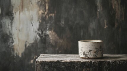 Rustic ceramic cup on weathered wooden surface