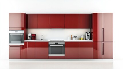 Contemporary kitchen 3D render with high-gloss cabinets, integrated appliances, and minimalist design, isolated white background