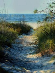 Trail through sand dunes and sea grass leading to beach shore.