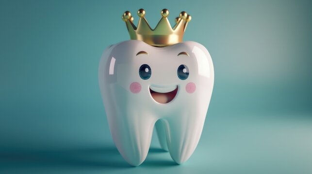 Cartoon tooth with a crown on top of it. The tooth is smiling and he is happy
