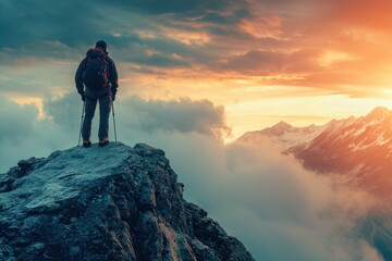 Fototapeta premium A hiker stands on a rocky peak overlooking mountains at sunset amid dramatic clouds and colors