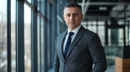 Fototapeta premium bold man in suit with tie, standing in modern office with glass windows