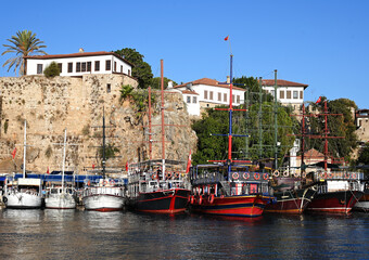 Antalya Kaleici Marina, sunset in the Mediterranean, view of the Taurus Mountains, boats