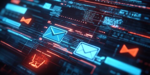 Obraz premium Virtual email interface with glowing icons and futuristic design.