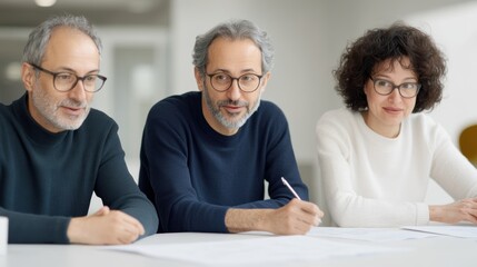 Three mature colleagues in casual attire discussing work at a table in a modern office.