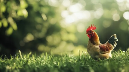 Rooster on lush green lawn under soft daylight with blurry background