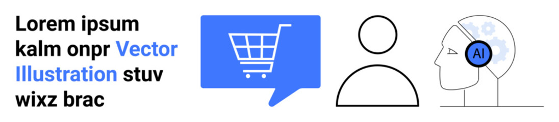 Shopping cart symbol in blue speech bubble, abstract human figure, head with AI symbol headset. Ideal for e-commerce, customer support, AI integration, technology, online shopping, digital services