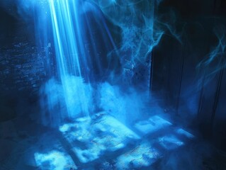 Glowing bluish light and foggy air inside a room.
