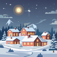 Illustration of a rural scene during winter at night