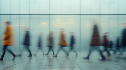 Contemporary postmodernism photo of silhouettes  walking people in city, fast pace motion blur 