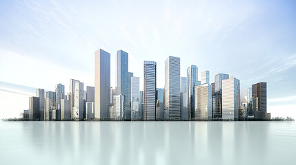 Fototapeta premium Modern city business centre at sunset, office and residential area by the water at gentle pastel colours 