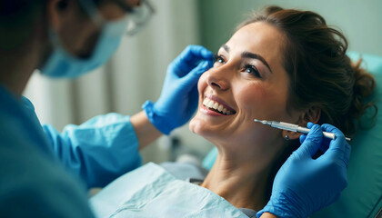 Fototapeta premium Beautiful woman at doctor getting facial injection, Botox, plastic surgery, facial aesthetic, lifestyle and beauty treatment