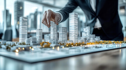 Obraz premium Hand of architect placing a white model of new building on developing plan project. Urbanism problem, modern environment, construction industry concept 