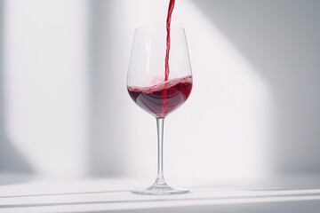 closeup photo of a Pouring red wine in wine glass on a clean white table, with bright, even lighting creating a minimalist, balanced composition