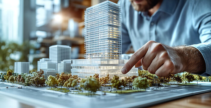  Hand of architect placing a white model of new building on developing plan project. Urbanism problem, modern environment, construction industry concept 