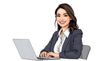 Young female professional at desk smiling to camera isolated with white highlights, png