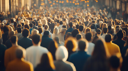 Obraz premium Crowd of people walk in city street at sunset. Modern 