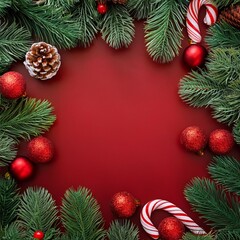 christmas border frame of tree branches with red balls pine cones and candies