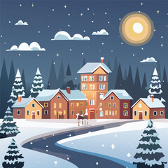 Fototapeta premium Illustration of a rural scene during winter at night