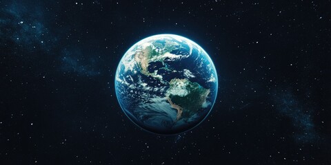 Obraz premium Large blue and white planet in the middle of a dark sky. The planet is surrounded by a lot of stars