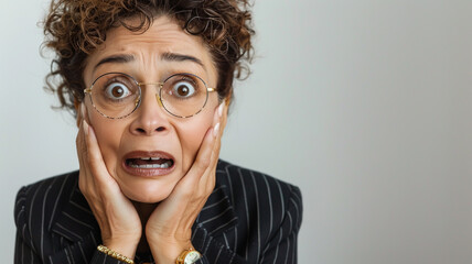 Woman with curly hair and round glasses in a pinstripe blazer, showing a shocked expression with hands on her face, capturing a dramatic moment