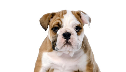Obraz premium Charming bulldog puppy with expressive eyes sits calmly against a white backdrop. Perfect representation of cuteness, innocence, and companionship. Ideal for animal lovers and pet-themed projects