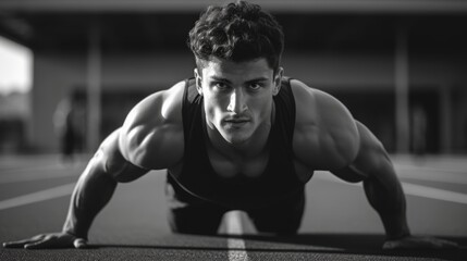 Man is doing a push up on a track. He is wearing a black tank top and has a muscular build