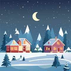Naklejka premium Illustration of a rural scene during winter at night