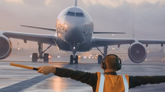 Ground Crew Member Marshaling Commercial Aircraft At Foggy Airport Transportation Safety